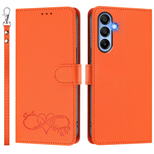 For Samsung Galaxy A15 5G / Galaxy A15 4G Case PU Leather Heart Pattern Wallet Flip Phone Cover with Hand Strap - Orange - 1