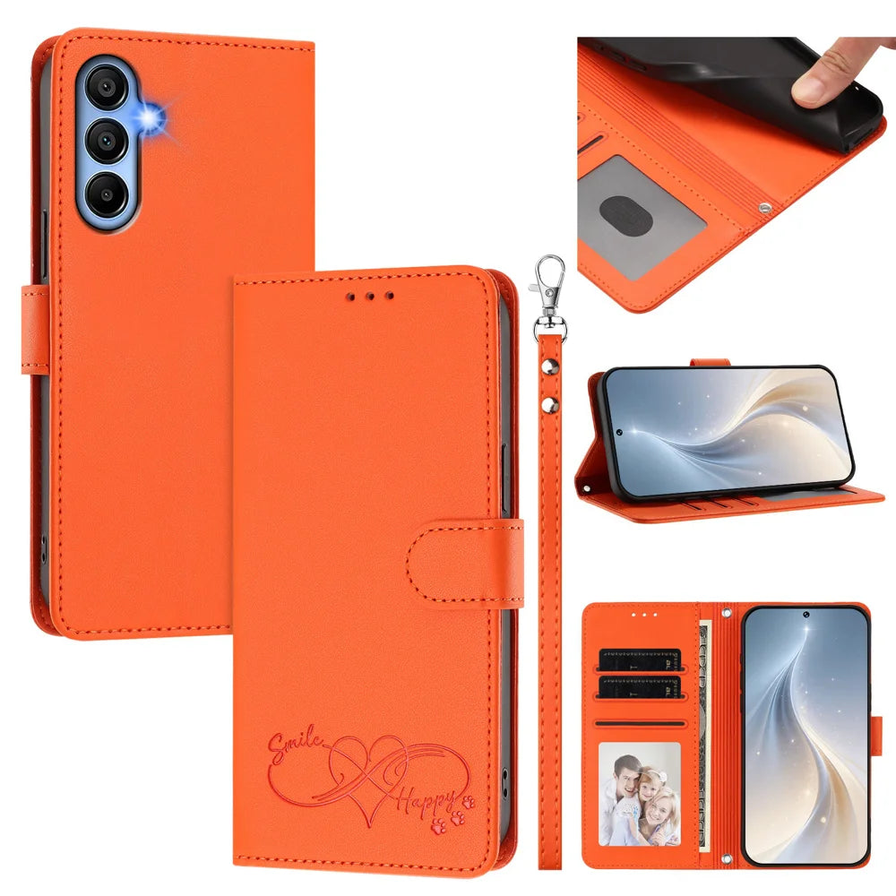 For Samsung Galaxy A15 5G / Galaxy A15 4G Case PU Leather Heart Pattern Wallet Flip Phone Cover with Hand Strap - Orange - 2
