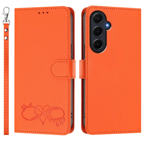 For Samsung Galaxy A55 5G Case PU Leather Heart Pattern Wallet Flip Phone Cover with Hand Strap - Orange - 1
