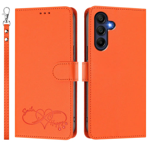 For Samsung Galaxy A16 4G / Galaxy A16 5G Case PU Leather Heart Pattern Wallet Flip Phone Cover with Hand Strap - Orange - 1