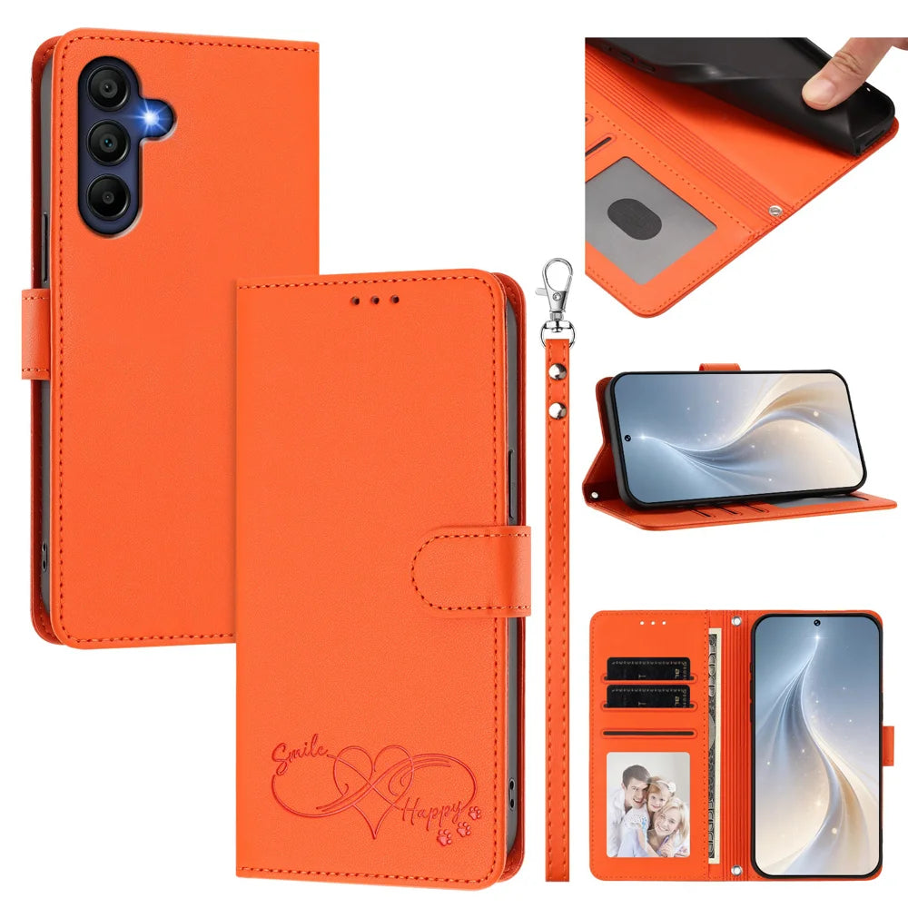 For Samsung Galaxy A16 4G / Galaxy A16 5G Case PU Leather Heart Pattern Wallet Flip Phone Cover with Hand Strap - Orange - 2