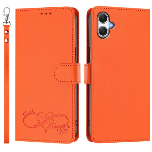 For Samsung Galaxy A08 5G / A08 4G / A07 5G / A07 4G / A06 5G / A06 4G Case PU Leather Heart Pattern Wallet Flip Phone Cover with Hand Strap - Orange - 1