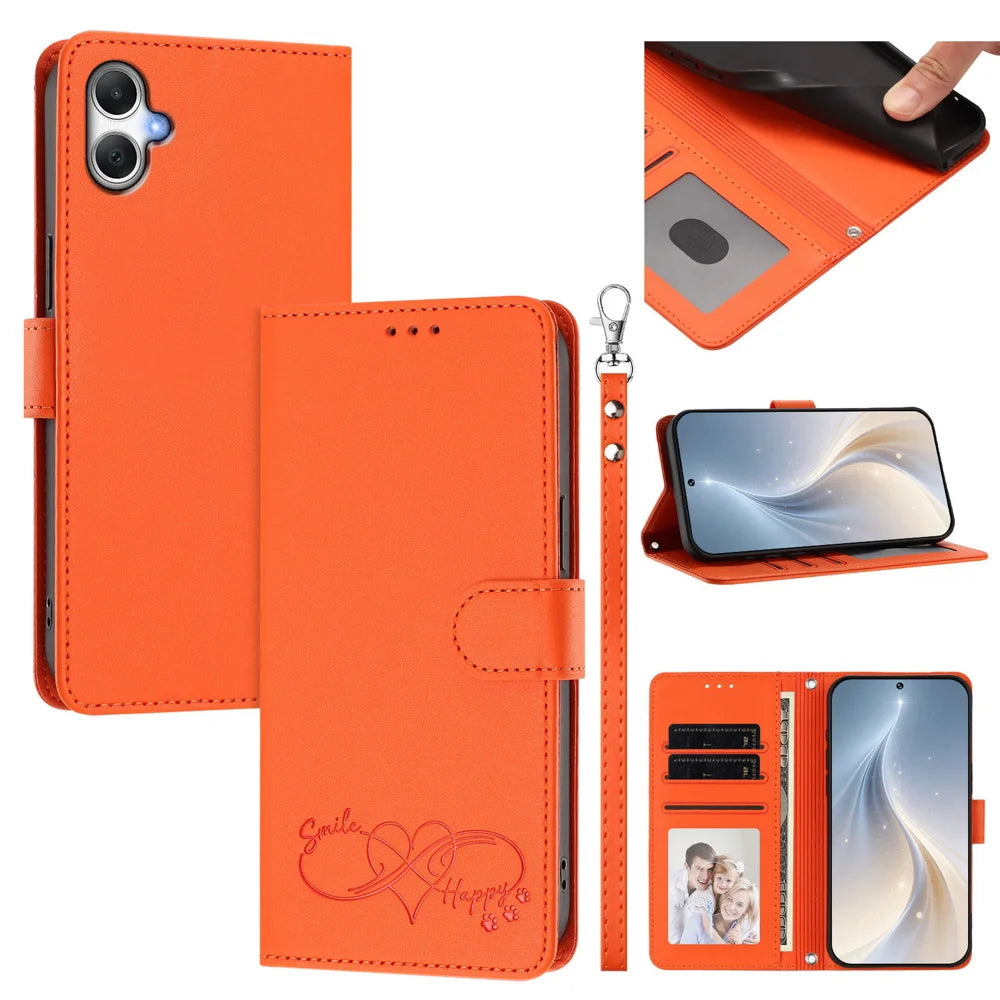 For Samsung Galaxy A08 5G / A08 4G / A07 5G / A07 4G / A06 5G / A06 4G Case PU Leather Heart Pattern Wallet Flip Phone Cover with Hand Strap - Orange - 2