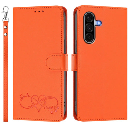For Samsung Galaxy A18 5G / A18 4G / A17 5G / A17 4G / A26 5G Case PU Leather Heart Pattern Wallet Flip Phone Cover with Hand Strap - Orange - 1