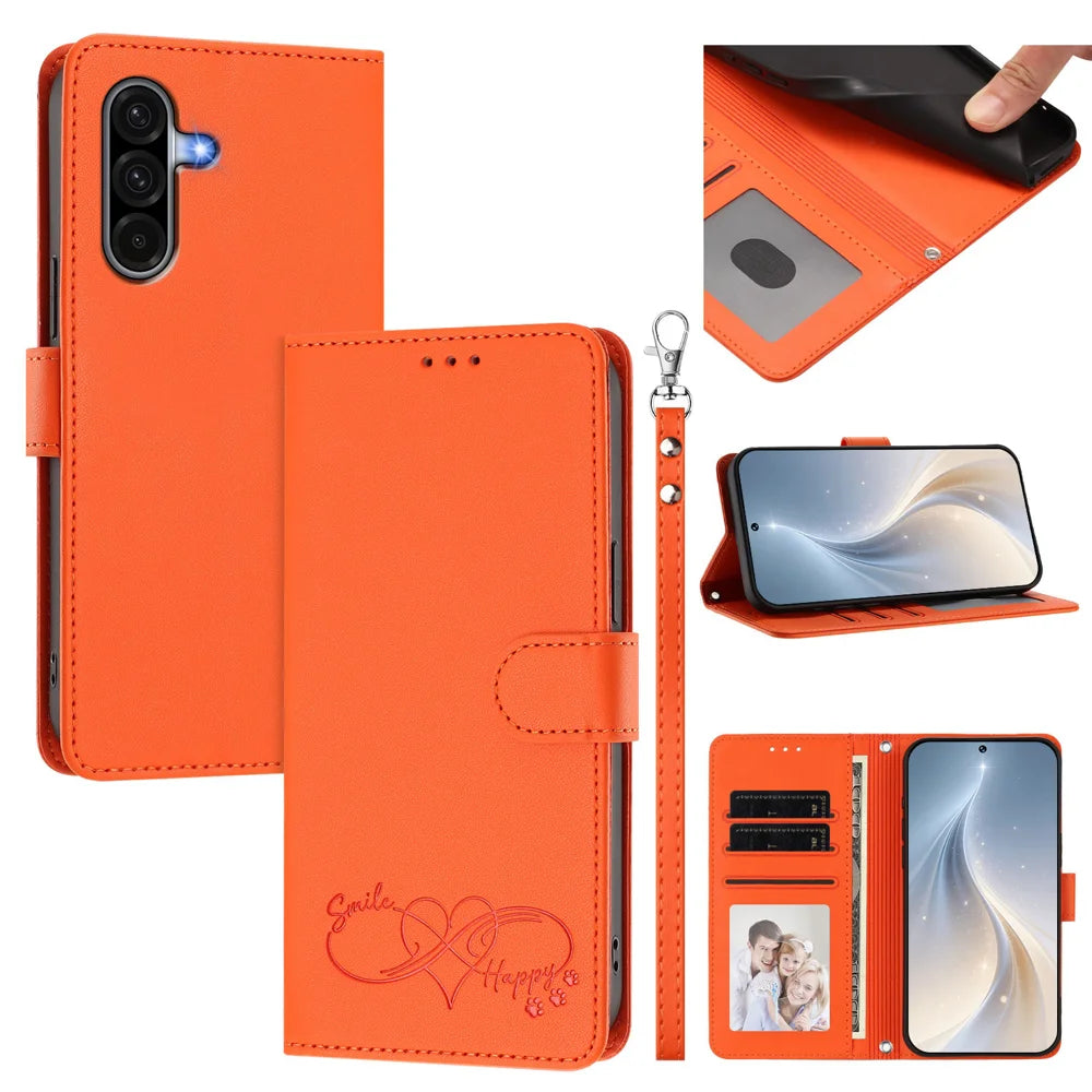 For Samsung Galaxy A18 5G / A18 4G / A17 5G / A17 4G / A26 5G Case PU Leather Heart Pattern Wallet Flip Phone Cover with Hand Strap - Orange - 2