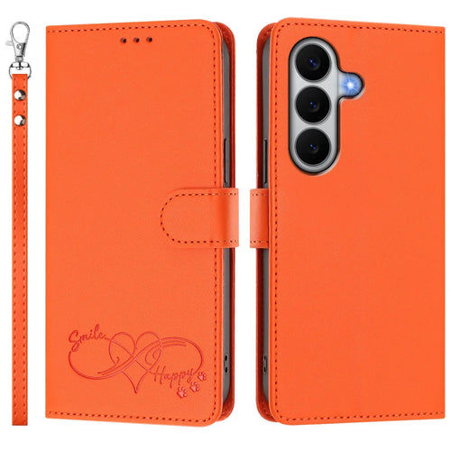 For Samsung Galaxy A27 5G Case PU Leather Heart Pattern Wallet Flip Phone Cover with Hand Strap - Orange - 1