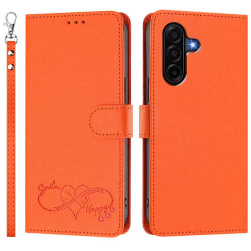 For Samsung Galaxy A36 5G / Galaxy A56 5G / Galaxy A37 5G Case PU Leather Heart Pattern Wallet Flip Phone Cover with Hand Strap - Orange - 1