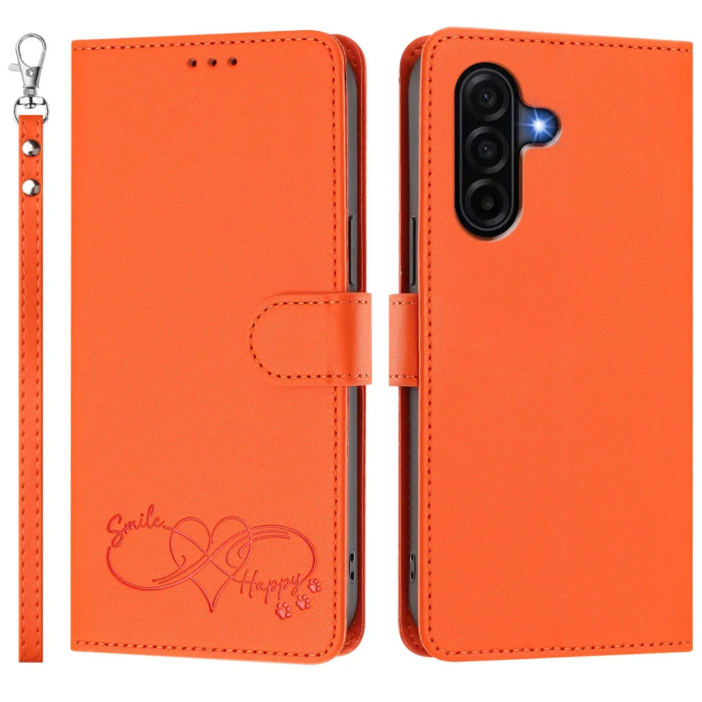 For Samsung Galaxy A57 5G Case PU Leather Heart Pattern Wallet Flip Phone Cover with Hand Strap - Orange - 1