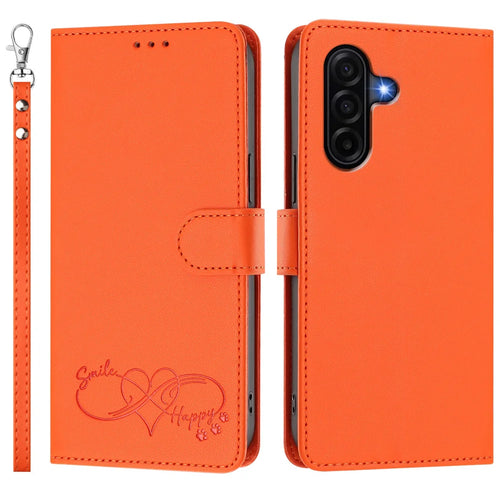 For Samsung Galaxy A57 5G Case PU Leather Heart Pattern Wallet Flip Phone Cover with Hand Strap - Orange - 1