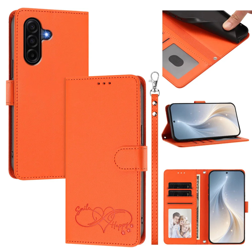 For Samsung Galaxy A57 5G Case PU Leather Heart Pattern Wallet Flip Phone Cover with Hand Strap - Orange - 2