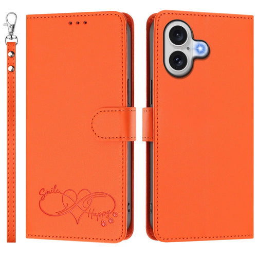 For iPhone 18 / iPhone 17 Case PU Leather Heart Pattern Wallet Flip Phone Cover with Hand Strap - Orange - 1
