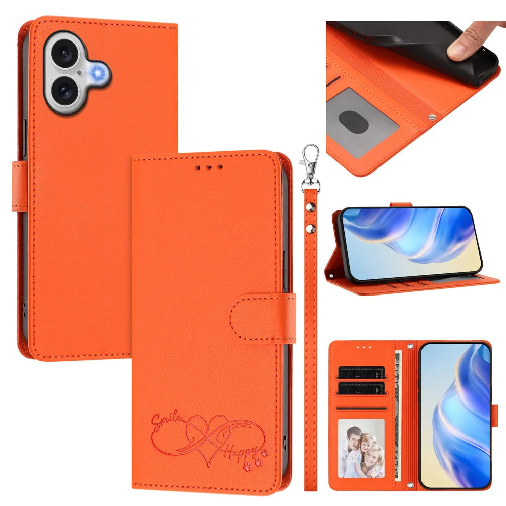 For iPhone 18 / iPhone 17 Case PU Leather Heart Pattern Wallet Flip Phone Cover with Hand Strap - Orange - 2