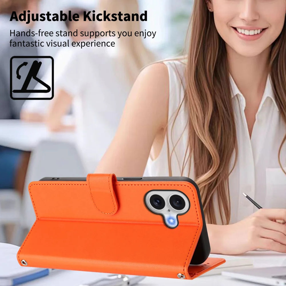 For iPhone 18 / iPhone 17 Case PU Leather Heart Pattern Wallet Flip Phone Cover with Hand Strap - Orange - 3