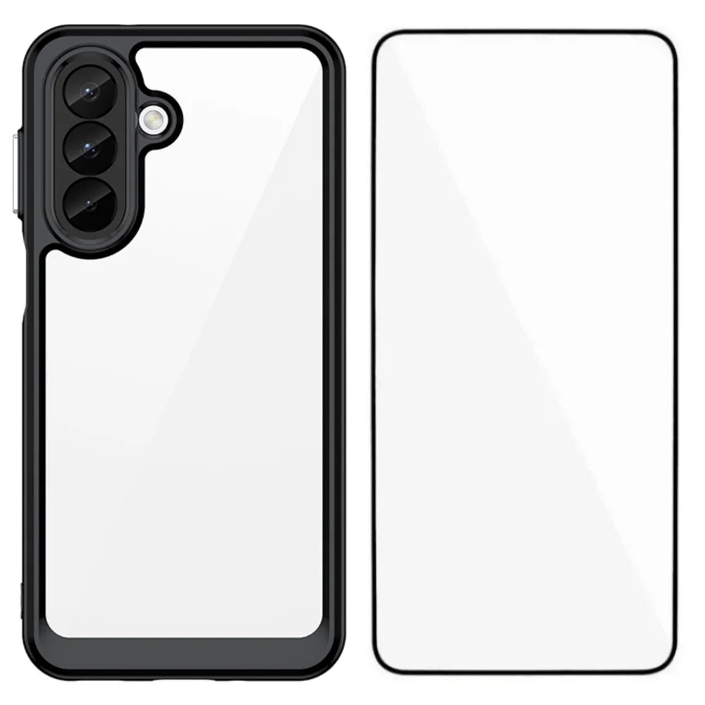 WANLONFENG for Samsung Galaxy A27 Phone Case  XC Series TPU Acrylic Cover with Tempered Glass (Big Lens Hole) - Black - 1