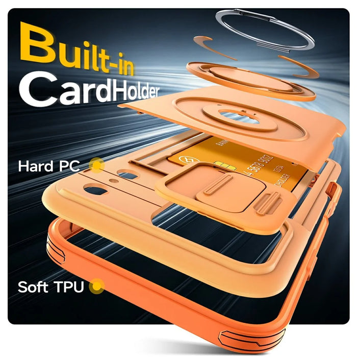 For iPhone 18 Pro / 17 Pro Case Slide Camera Cover Kickstand TPU + PC Phone Protective Shell with Card Holder - Orange - 3