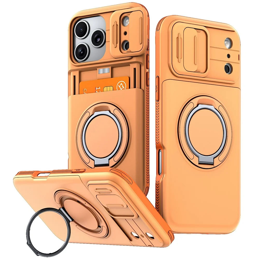 For iPhone 18 Pro Max / 17 Pro Max Case Slide Camera Cover Kickstand TPU + PC Phone Protective Shell with Card Holder - Orange - 1