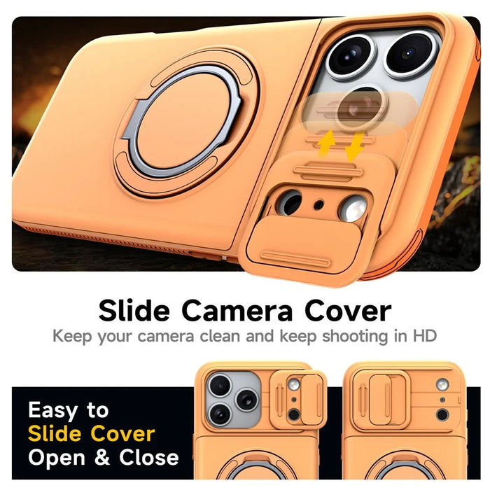 For iPhone 18 Pro Max / 17 Pro Max Case Slide Camera Cover Kickstand TPU + PC Phone Protective Shell with Card Holder - Orange - 6