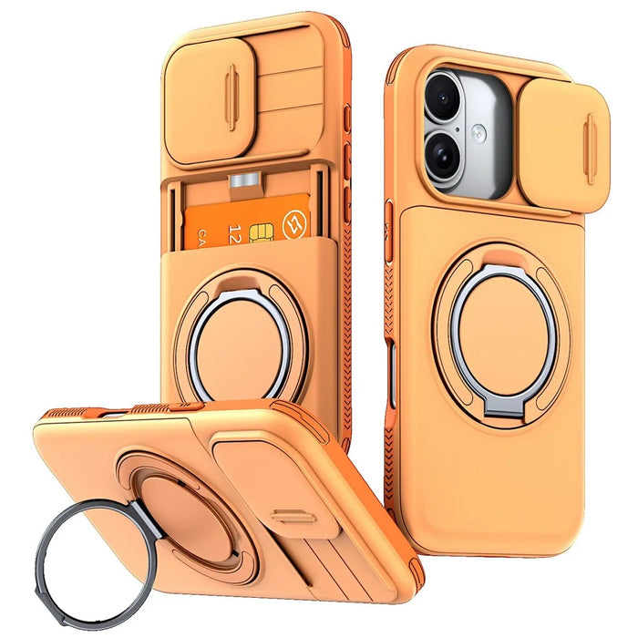 For iPhone 17 Case Slide Camera Cover Kickstand TPU + PC Phone Protective Shell with Card Holder - Orange - 1