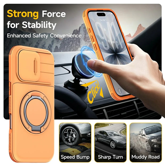 For iPhone 17 Case Slide Camera Cover Kickstand TPU + PC Phone Protective Shell with Card Holder - Orange - 2