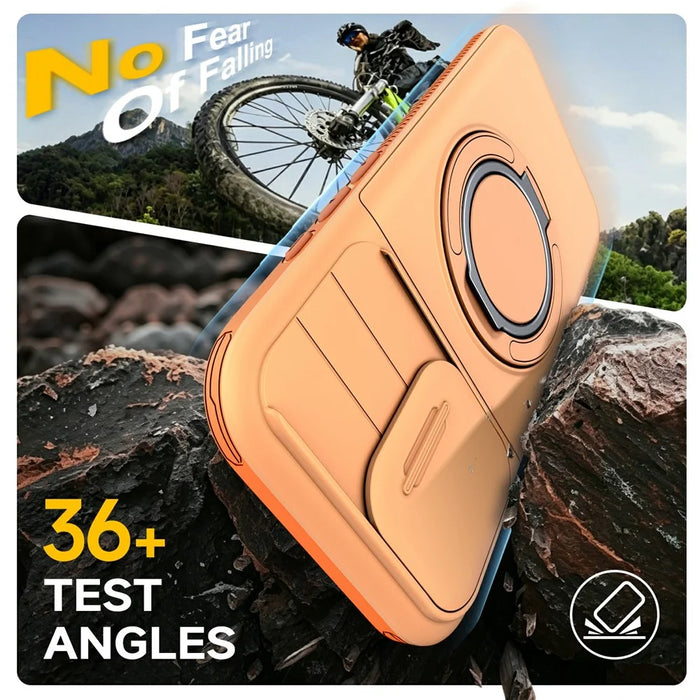 For iPhone 17 Case Slide Camera Cover Kickstand TPU + PC Phone Protective Shell with Card Holder - Orange - 3