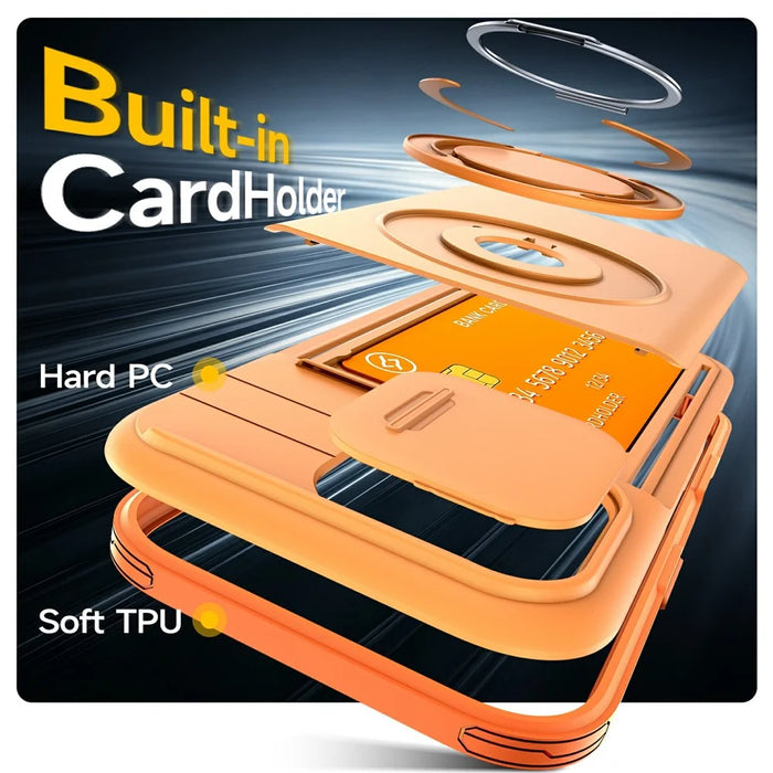 For iPhone 17 Case Slide Camera Cover Kickstand TPU + PC Phone Protective Shell with Card Holder - Orange - 4