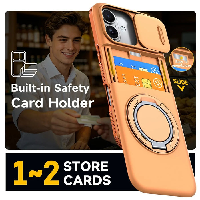 For iPhone 17 Case Slide Camera Cover Kickstand TPU + PC Phone Protective Shell with Card Holder - Orange - 6