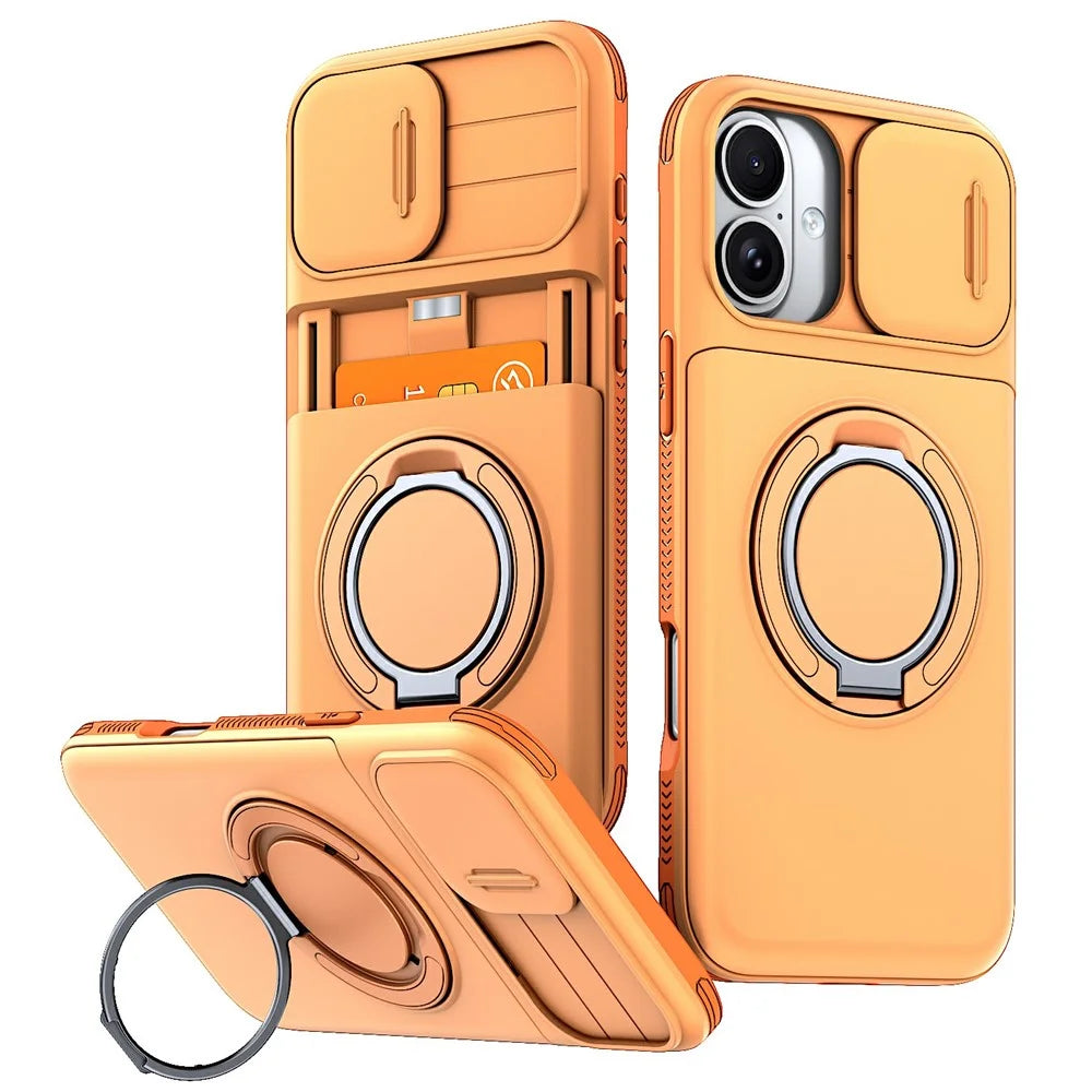 For iPhone 16 Case Slide Camera Cover Kickstand TPU + PC Phone Protective Shell with Card Holder - Orange - 1
