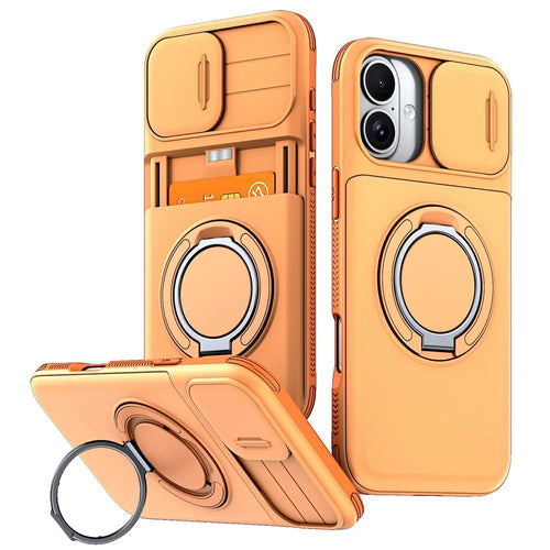 For iPhone 16 Case Slide Camera Cover Kickstand TPU + PC Phone Protective Shell with Card Holder - Orange - 1