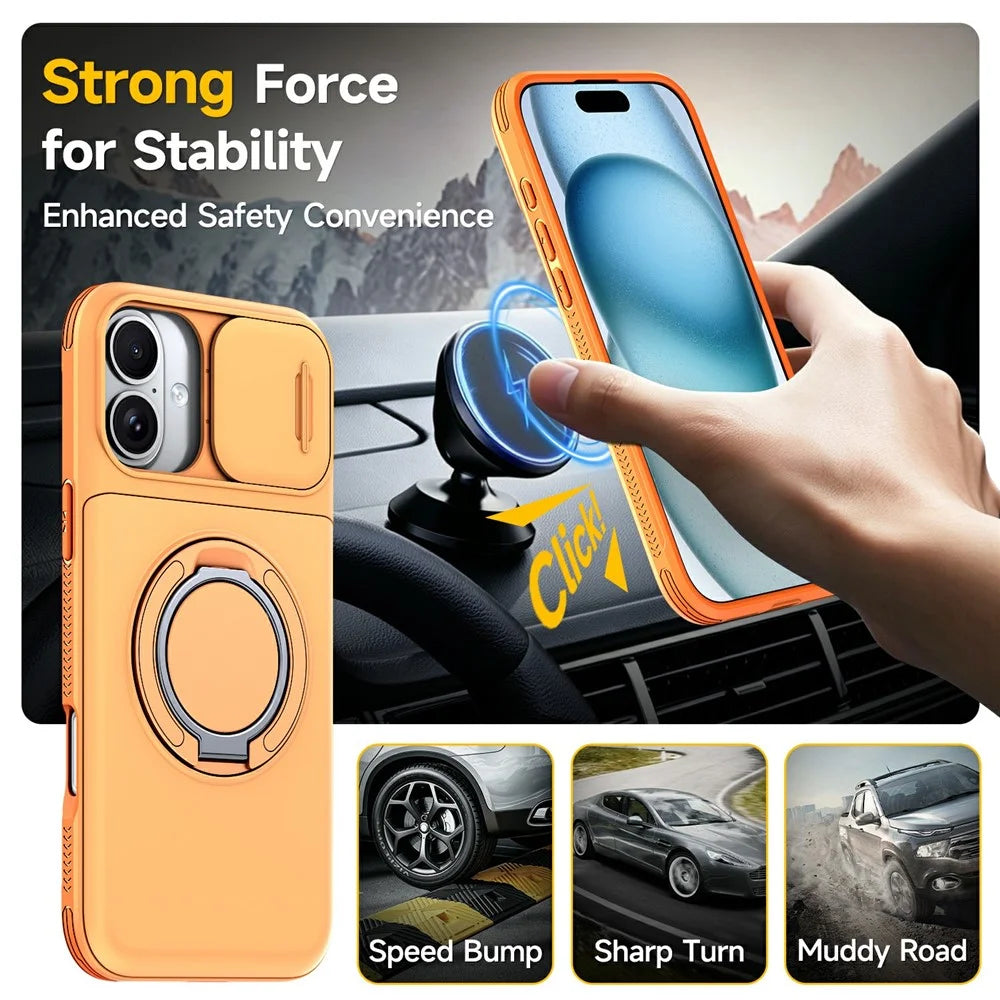 For iPhone 16 Case Slide Camera Cover Kickstand TPU + PC Phone Protective Shell with Card Holder - Orange - 2