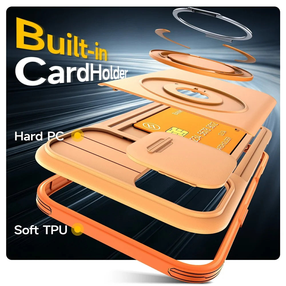 For iPhone 16 Case Slide Camera Cover Kickstand TPU + PC Phone Protective Shell with Card Holder - Orange - 4