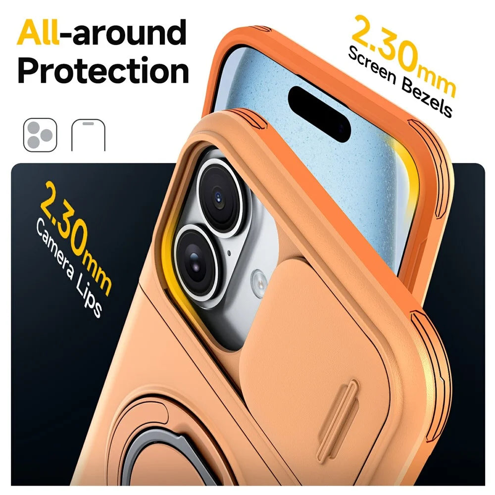 For iPhone 16 Case Slide Camera Cover Kickstand TPU + PC Phone Protective Shell with Card Holder - Orange - 5