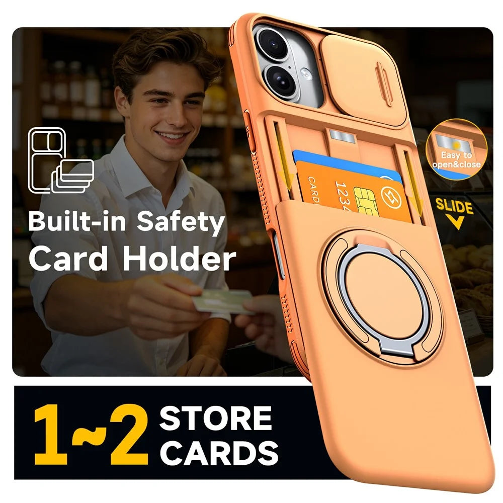 For iPhone 16 Case Slide Camera Cover Kickstand TPU + PC Phone Protective Shell with Card Holder - Orange - 6