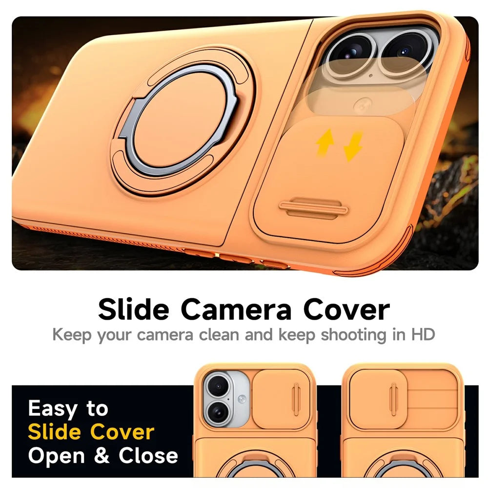 For iPhone 16 Case Slide Camera Cover Kickstand TPU + PC Phone Protective Shell with Card Holder - Orange - 7