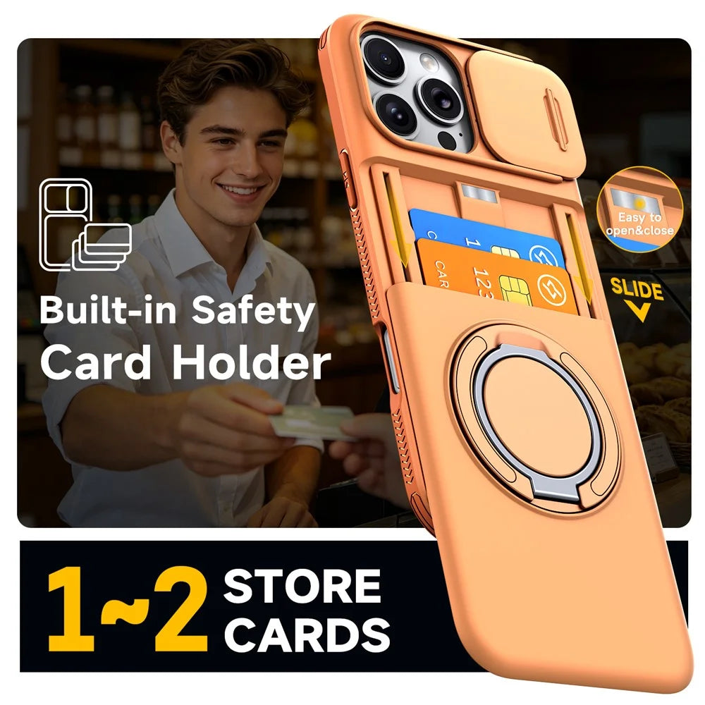 For iPhone 16 Pro Case Slide Camera Cover Kickstand TPU + PC Phone Protective Shell with Card Holder - Orange - 5