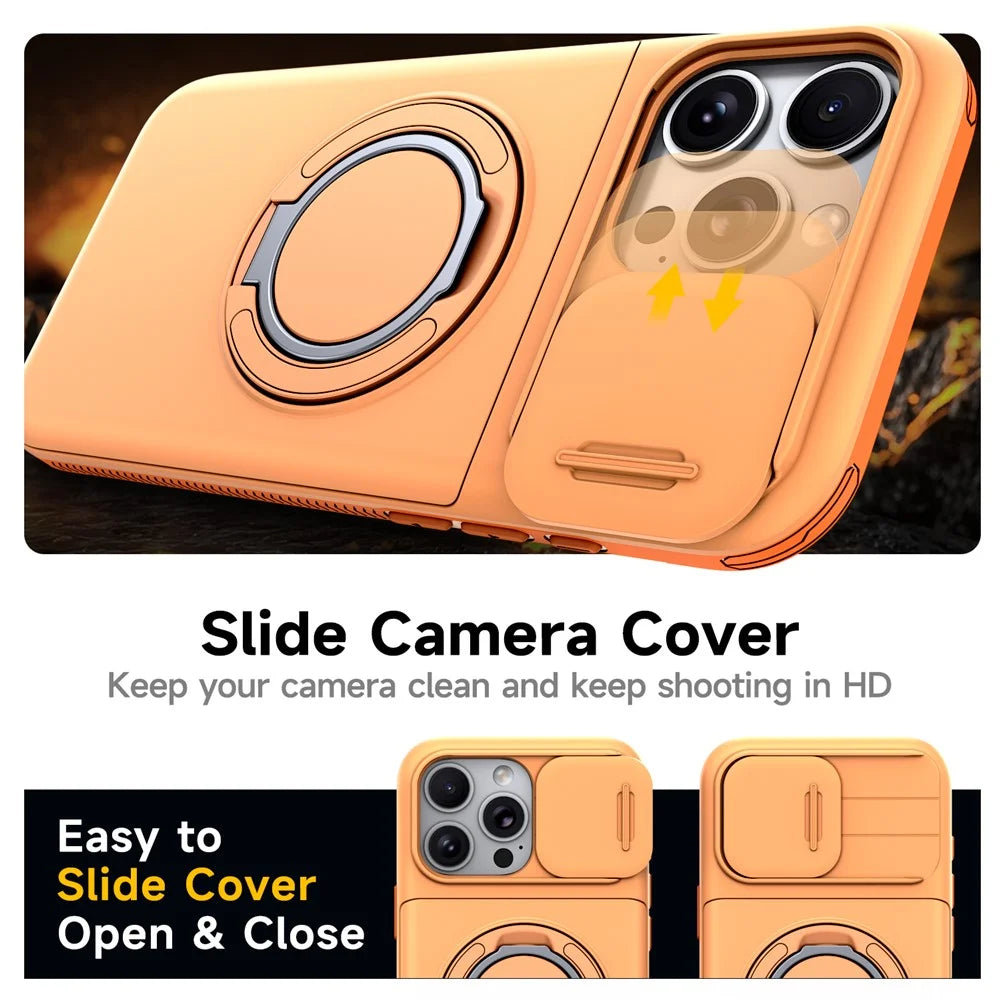 For iPhone 16 Pro Case Slide Camera Cover Kickstand TPU + PC Phone Protective Shell with Card Holder - Orange - 6