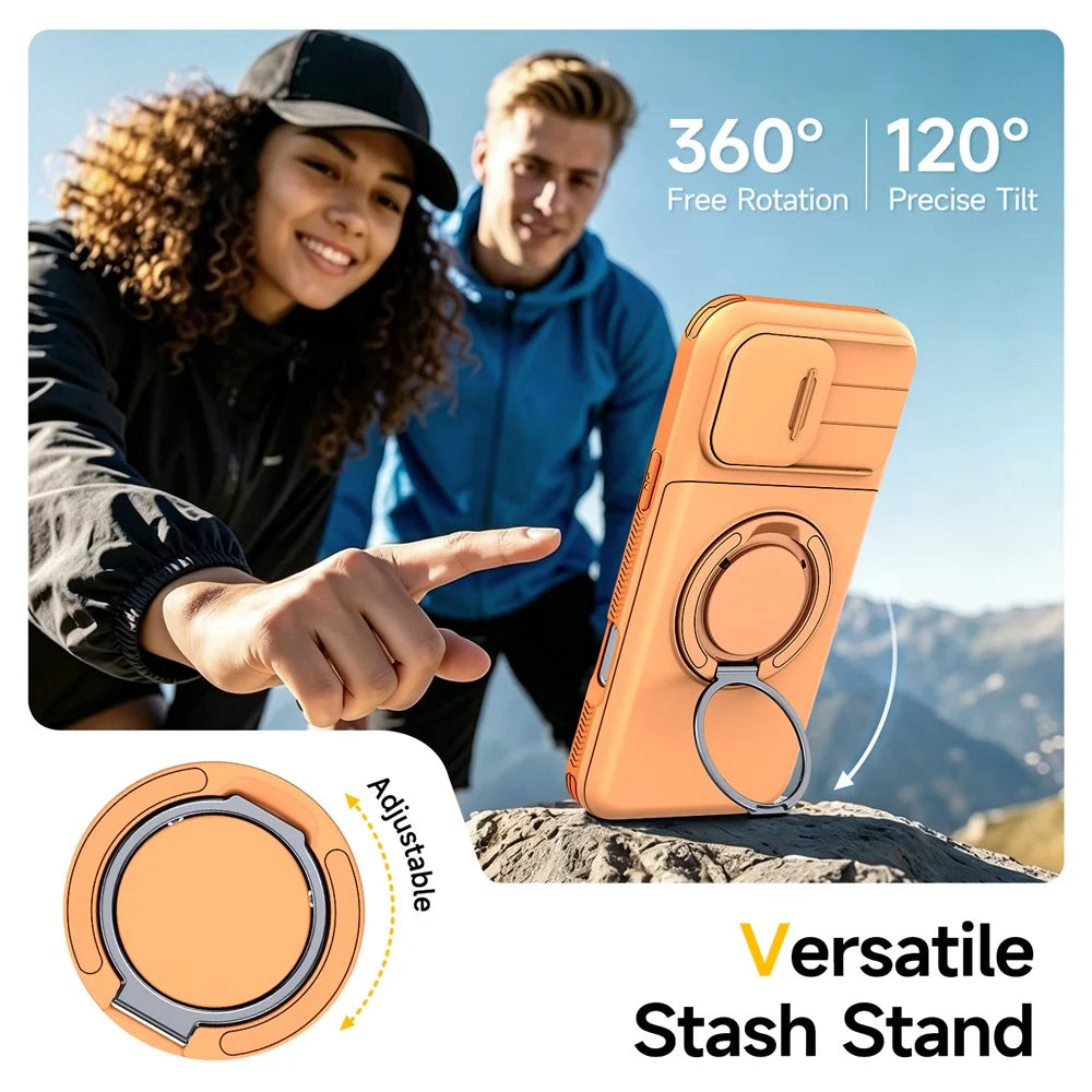 For iPhone 16 Pro Case Slide Camera Cover Kickstand TPU + PC Phone Protective Shell with Card Holder - Orange - 7