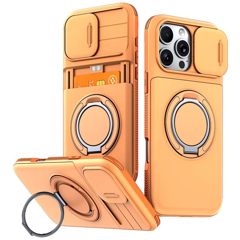 For iPhone 16 Pro Max Case Slide Camera Cover Kickstand TPU + PC Phone Protective Shell with Card Holder - Orange - 1