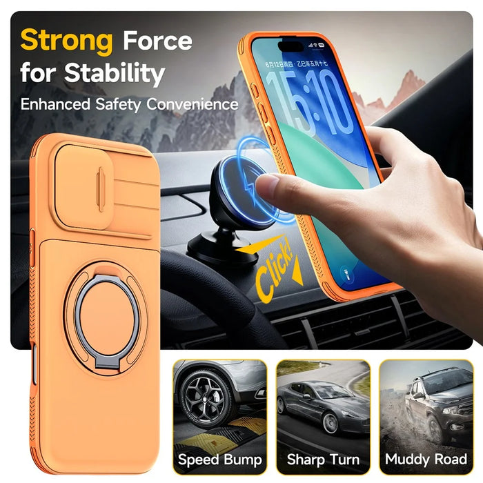 For iPhone 16 Pro Max Case Slide Camera Cover Kickstand TPU + PC Phone Protective Shell with Card Holder - Orange - 2