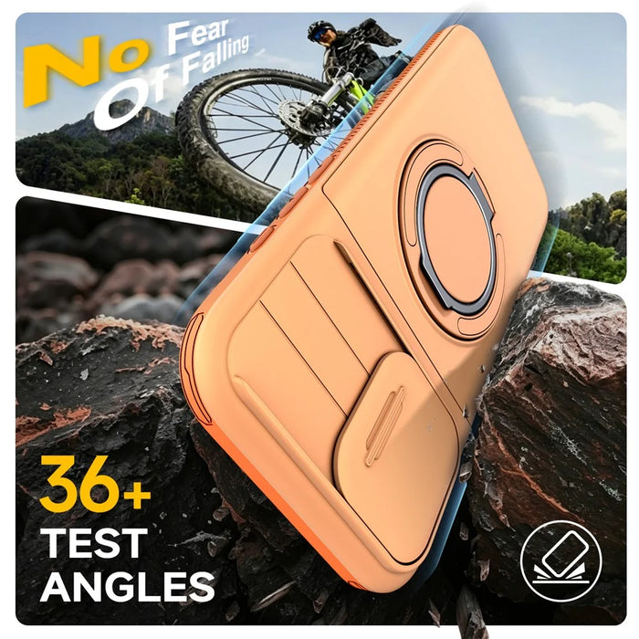 For iPhone 16 Pro Max Case Slide Camera Cover Kickstand TPU + PC Phone Protective Shell with Card Holder - Orange - 3