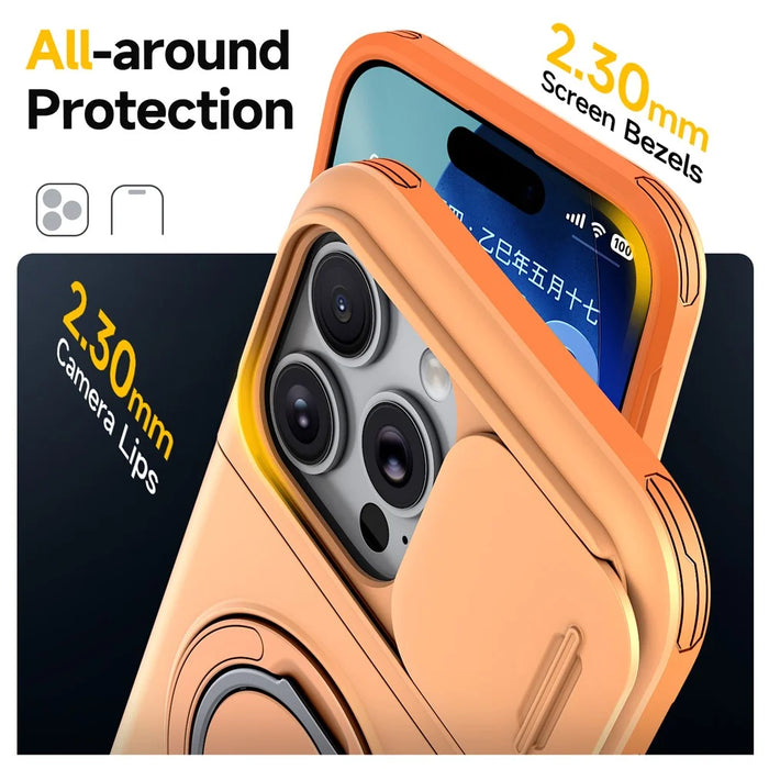 For iPhone 16 Pro Max Case Slide Camera Cover Kickstand TPU + PC Phone Protective Shell with Card Holder - Orange - 4