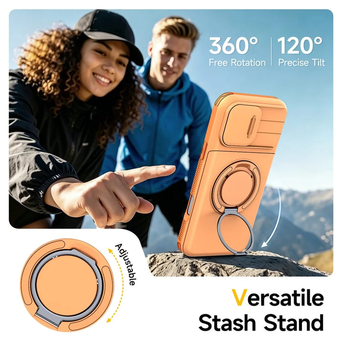 For iPhone 16 Pro Max Case Slide Camera Cover Kickstand TPU + PC Phone Protective Shell with Card Holder - Orange - 7