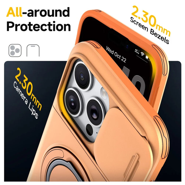 For iPhone 14 Pro Case Slide Camera Cover Kickstand TPU + PC Phone Protective Shell with Card Holder - Orange - 4