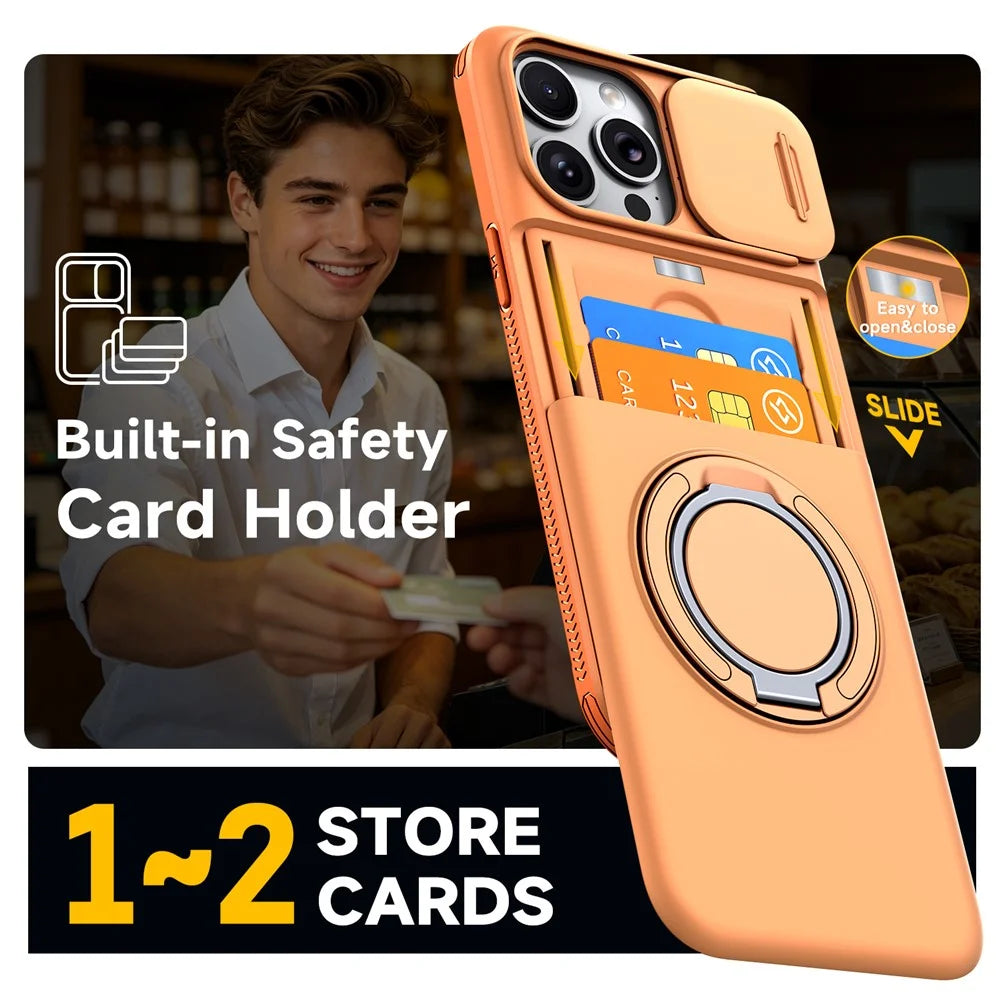 For iPhone 14 Pro Max Case Slide Camera Cover Kickstand TPU + PC Phone Protective Shell with Card Holder - Orange - 5