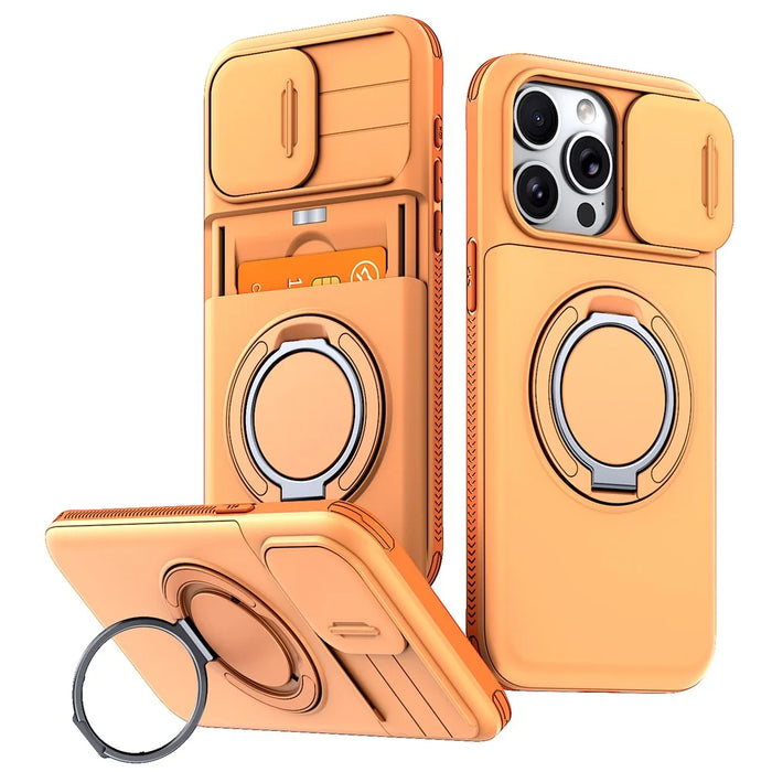 For iPhone 13 Pro Max Case Slide Camera Cover Kickstand TPU + PC Phone Protective Shell with Card Holder - Orange - 1