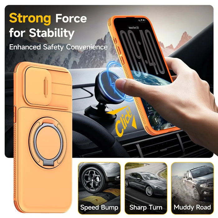 For iPhone 13 Pro Max Case Slide Camera Cover Kickstand TPU + PC Phone Protective Shell with Card Holder - Orange - 2