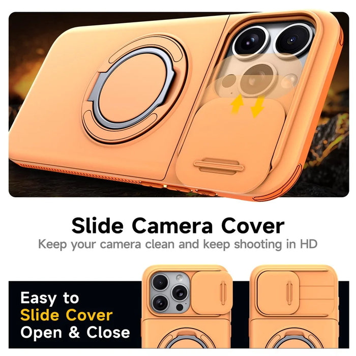 For iPhone 13 Pro Max Case Slide Camera Cover Kickstand TPU + PC Phone Protective Shell with Card Holder - Orange - 6