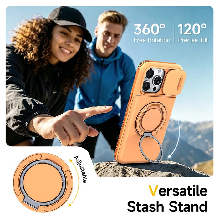 For iPhone 13 Pro Max Case Slide Camera Cover Kickstand TPU + PC Phone Protective Shell with Card Holder - Orange - 7