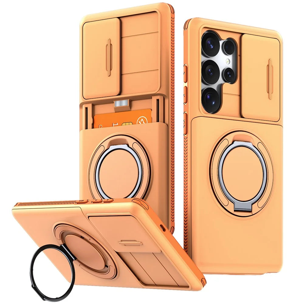 For Samsung Galaxy S23 Ultra Case Slide Camera Cover Kickstand TPU + PC Phone Protective Shell with Card Holder - Orange - 1