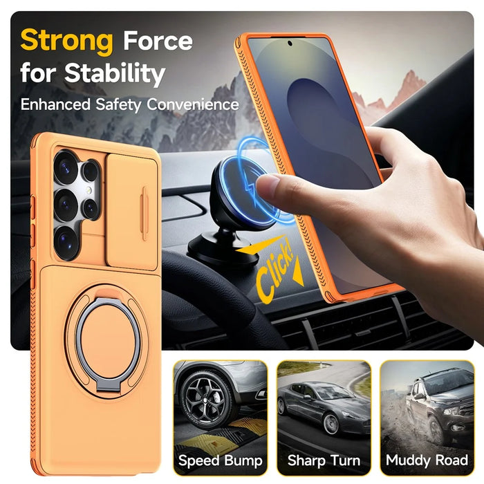 For Samsung Galaxy S23 Ultra Case Slide Camera Cover Kickstand TPU + PC Phone Protective Shell with Card Holder - Orange - 2
