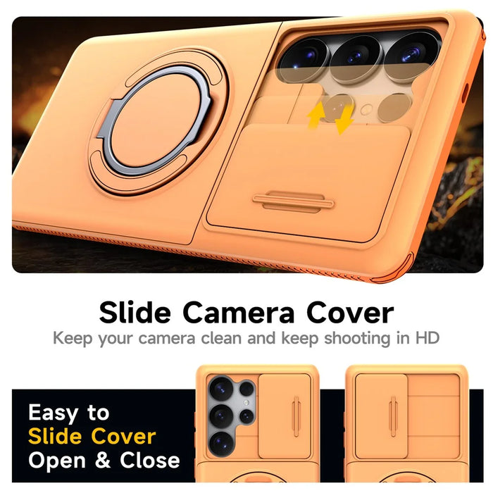 For Samsung Galaxy S23 Ultra Case Slide Camera Cover Kickstand TPU + PC Phone Protective Shell with Card Holder - Orange - 6